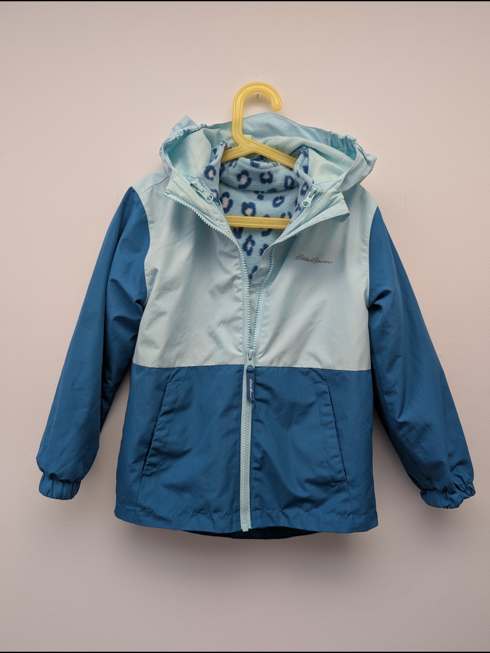Eddie Bauer Girls' 5/6 Two-Tone Teal Light Blue 3 In 1 Hooded Raincoat + Fleece
